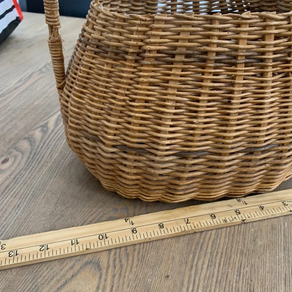 Vintage Hand Woven Wicker Basket with High Arch Handle Natural Brown Oval Rustic